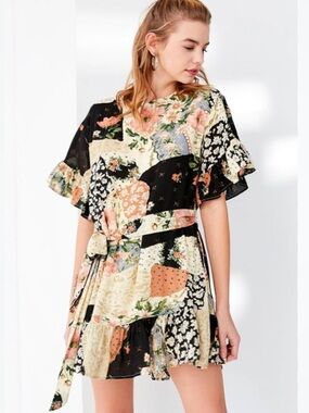 Urban Outfitters Floral Patchwork Flutter Sleeve Rayon Mini Dress with Tie Belt